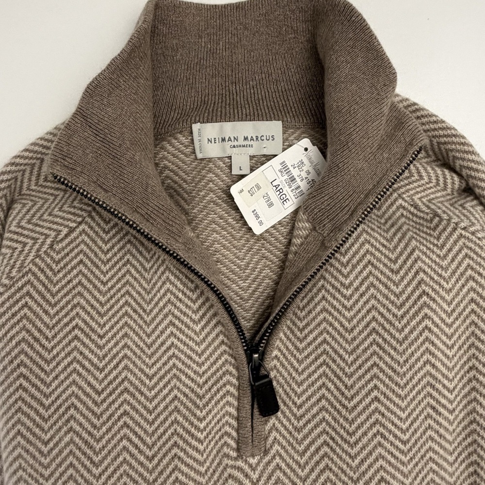NWT Neiman Marcus 100% Cashmere Herringbone Quarter Zip Sweater Mens Large Brown